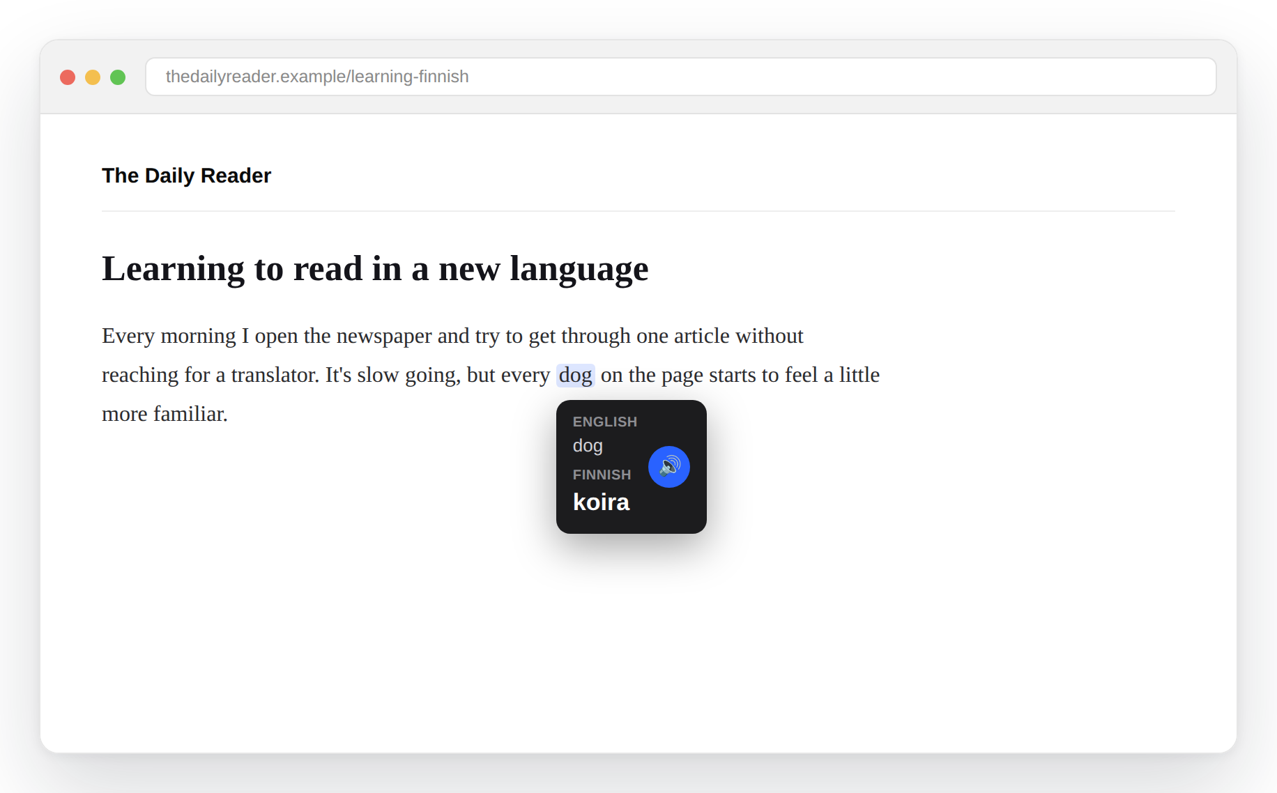 Sanoja showing an English word translated to Finnish on a webpage