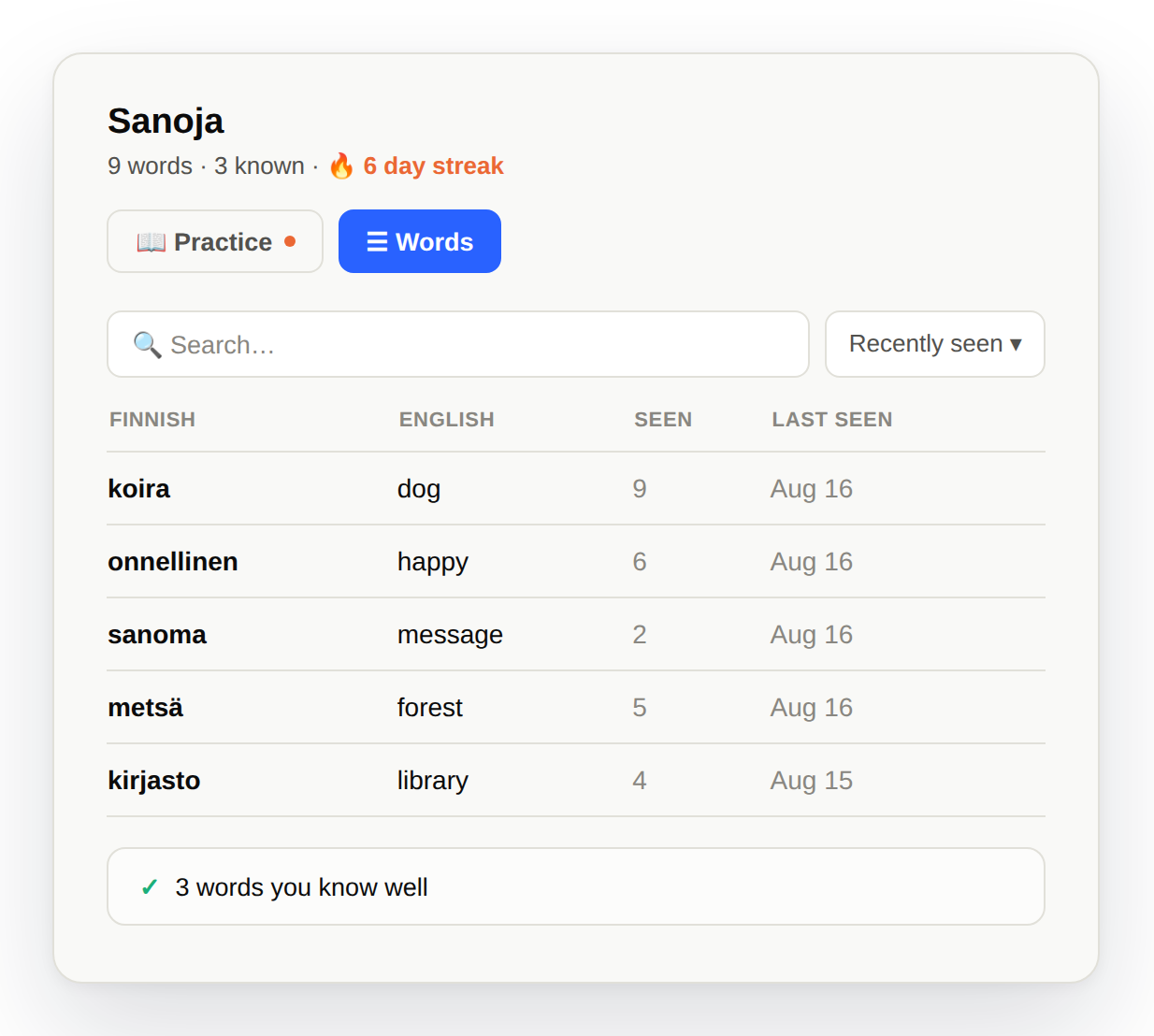 Sanoja's saved word list with a known-words section