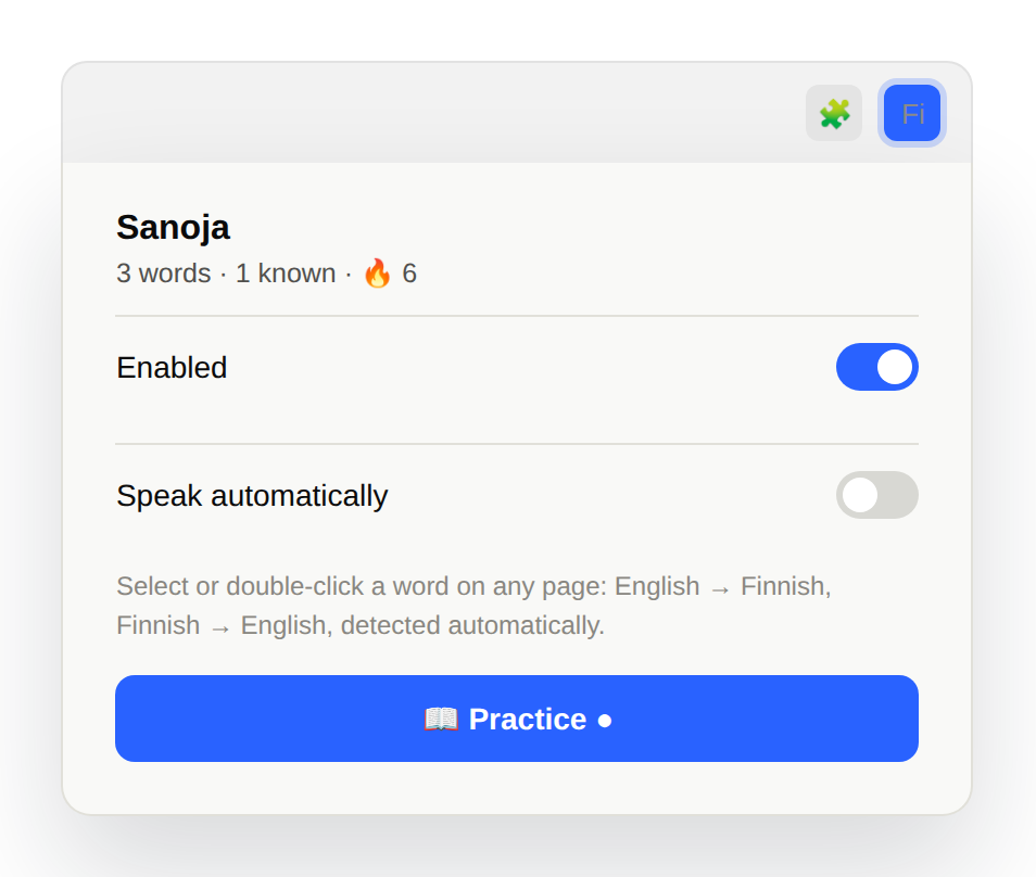 Sanoja's toolbar popup