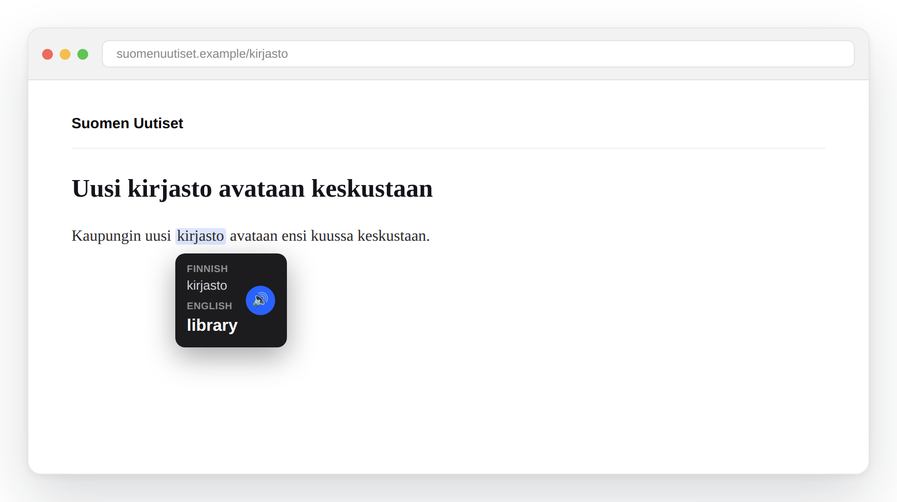 Sanoja translating a Finnish word to English on a Finnish-language page